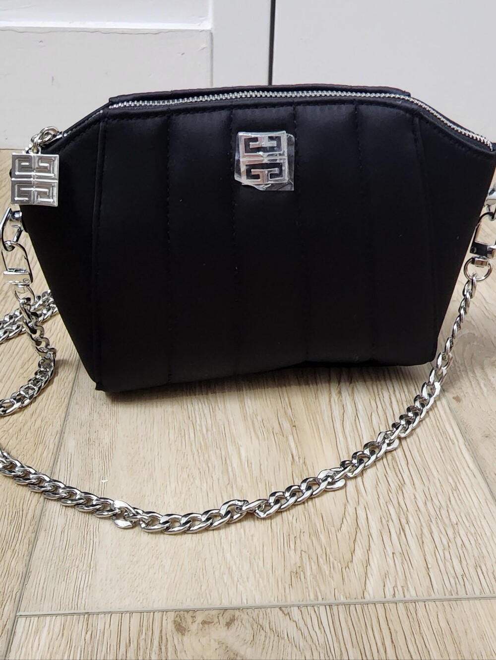 Givenchy Black Women's Small Pouch Satin Textured Bag W Silver Logo Chain Strap